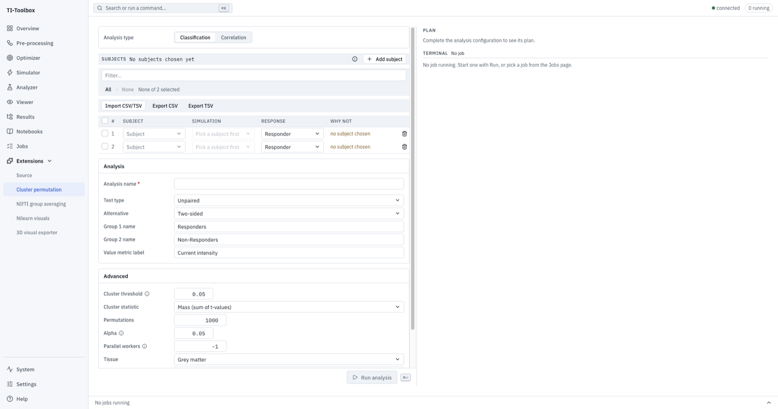 The Cluster permutation panel: classification or correlation, a subject table with responses, and the test and cluster settings