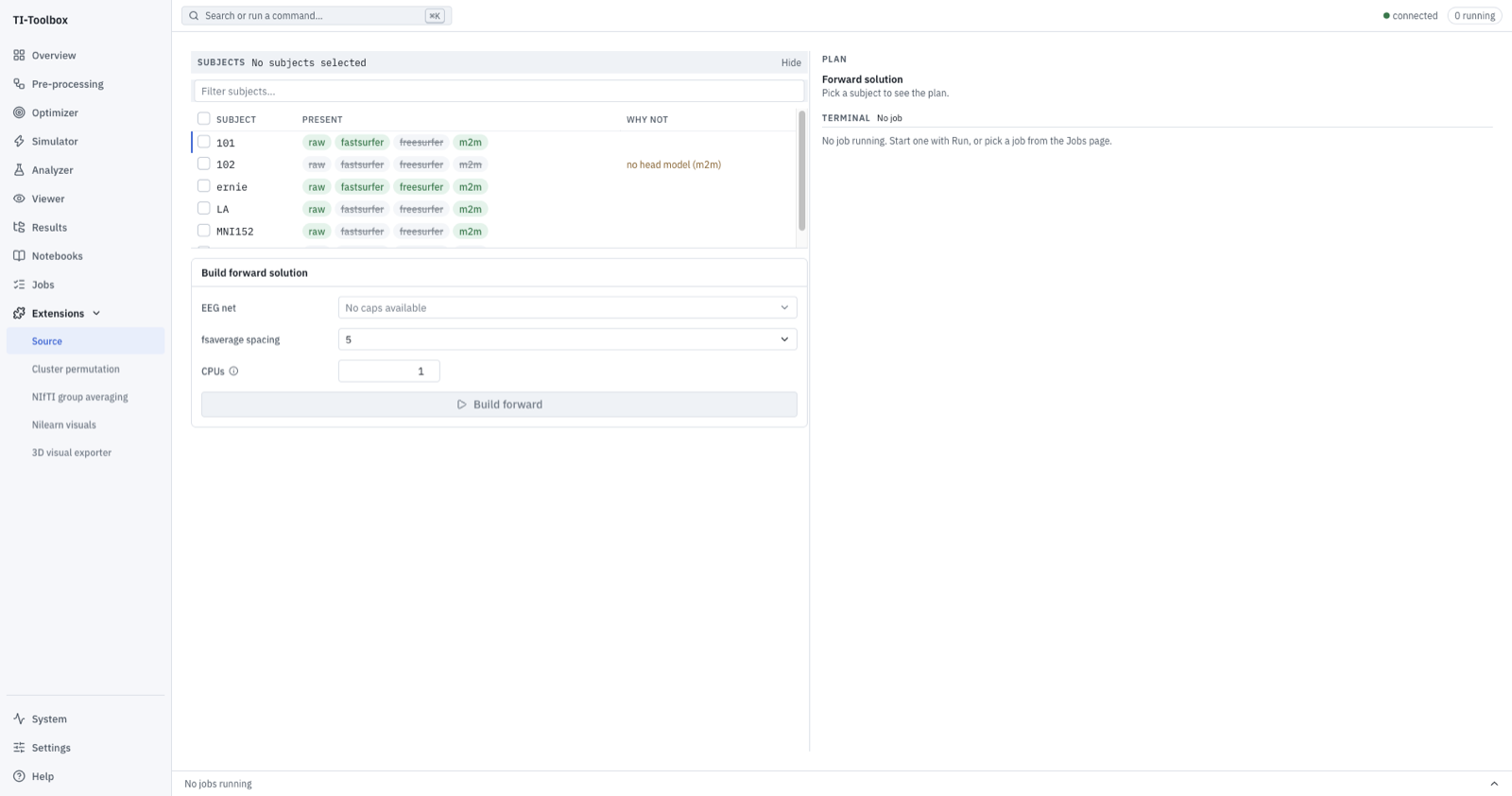 The Source panel: a subject table showing which subjects have a head model, and the forward-solution settings
