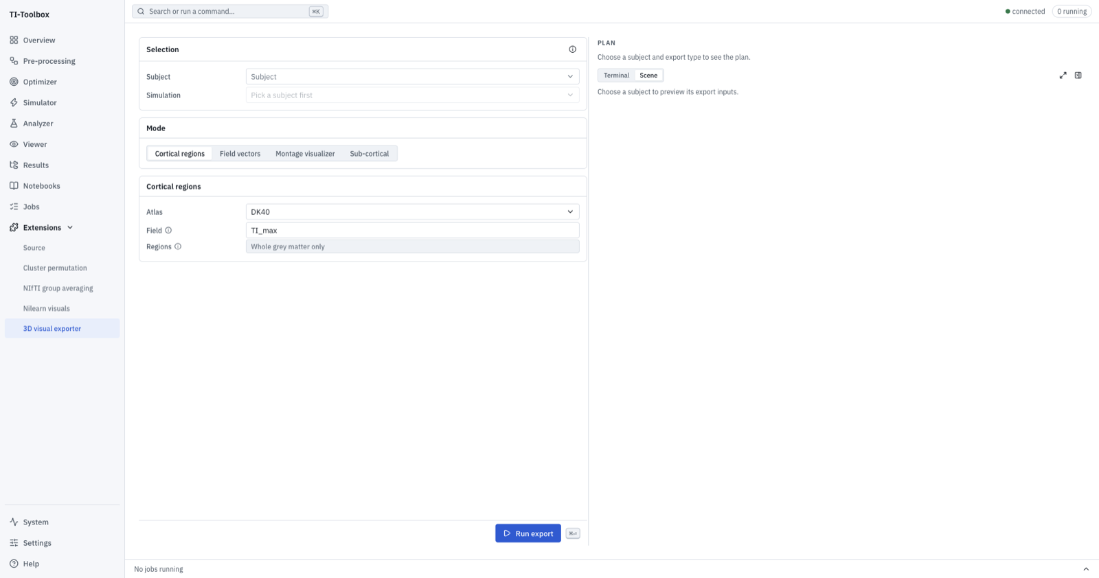 The 3D visual exporter panel: subject and simulation, the four export modes, and the cortical-regions options