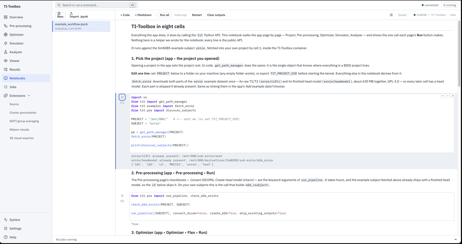 The worked example notebook open in the Notebooks page, with its first cell run against the project