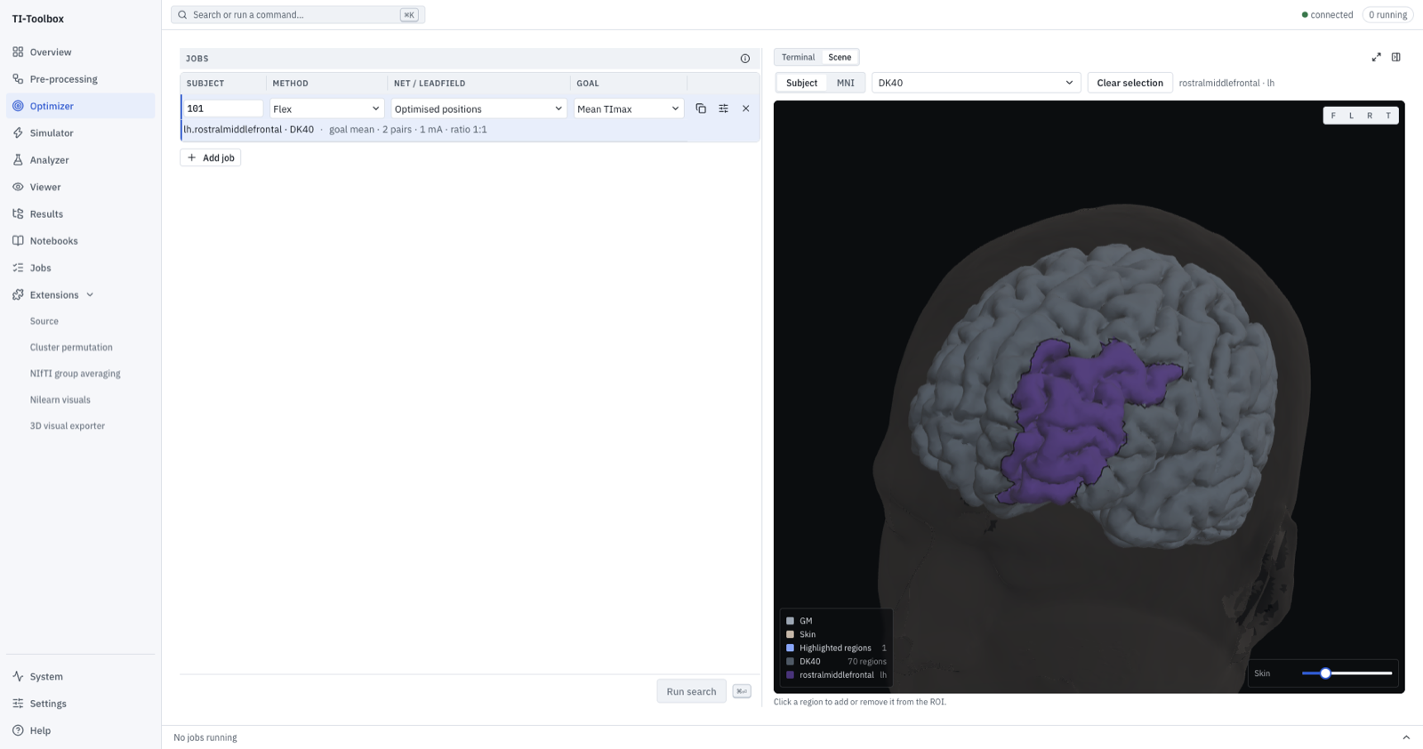 The Optimizer page: a Flex job for subject 101 targeting the left rostral middle frontal gyrus, highlighted on the head in the atlas pane