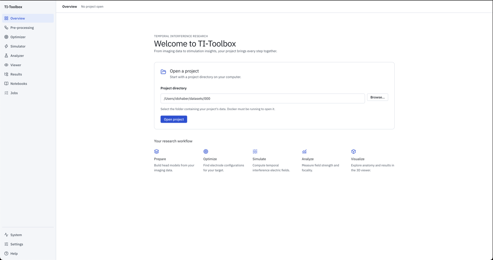 The welcome Overview: a project directory field with Browse and Open project, and the five workflow steps below
