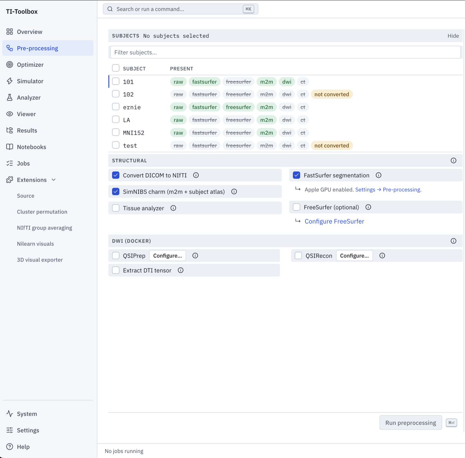 The Pre-processing page: a subject table showing which outputs each subject has, then the structural and DWI stages to run