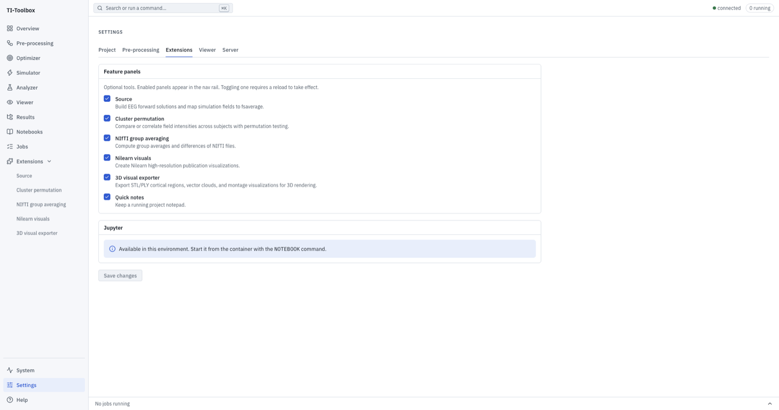 Settings, Extensions tab: a checkbox per feature panel, with every panel listed under Extensions in the sidebar