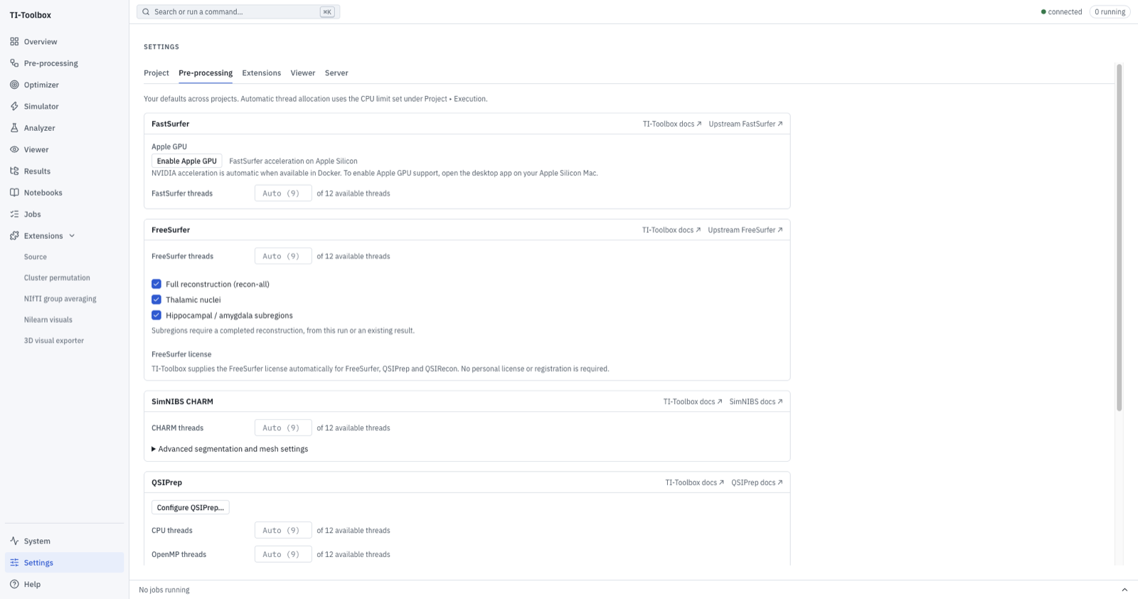 Settings, Pre-processing tab: FastSurfer, FreeSurfer, SimNIBS CHARM and QSIPrep sections with thread controls