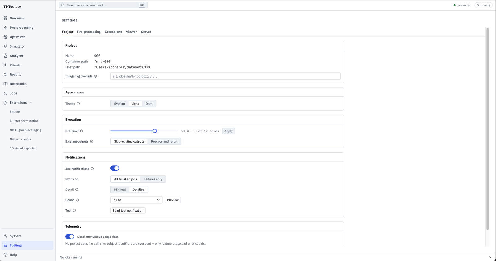 Settings, Project tab: project paths, theme, the CPU limit, existing-outputs policy, job notifications and telemetry