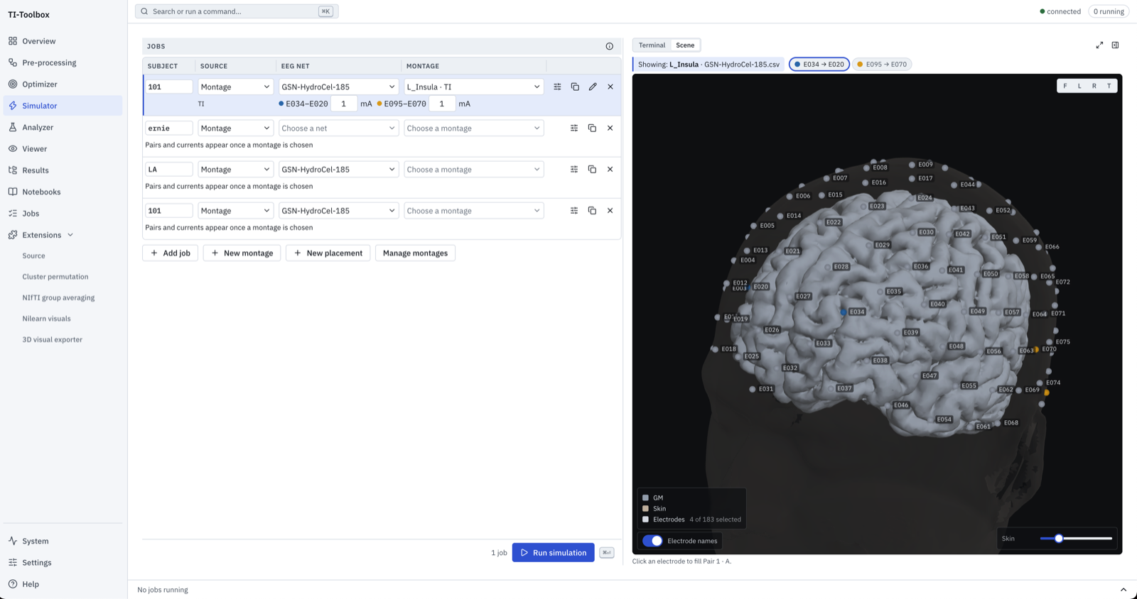 The Simulator page: job rows beside a scene pane that draws the montage on the subject's head