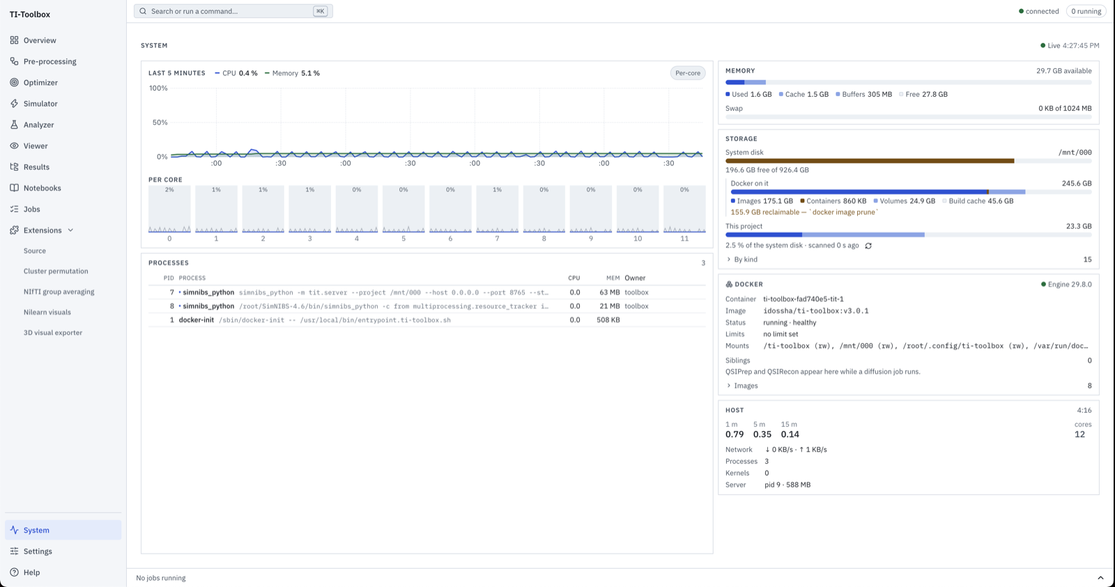 The System page: CPU and memory history, per-core load, processes, memory, storage, Docker and host details