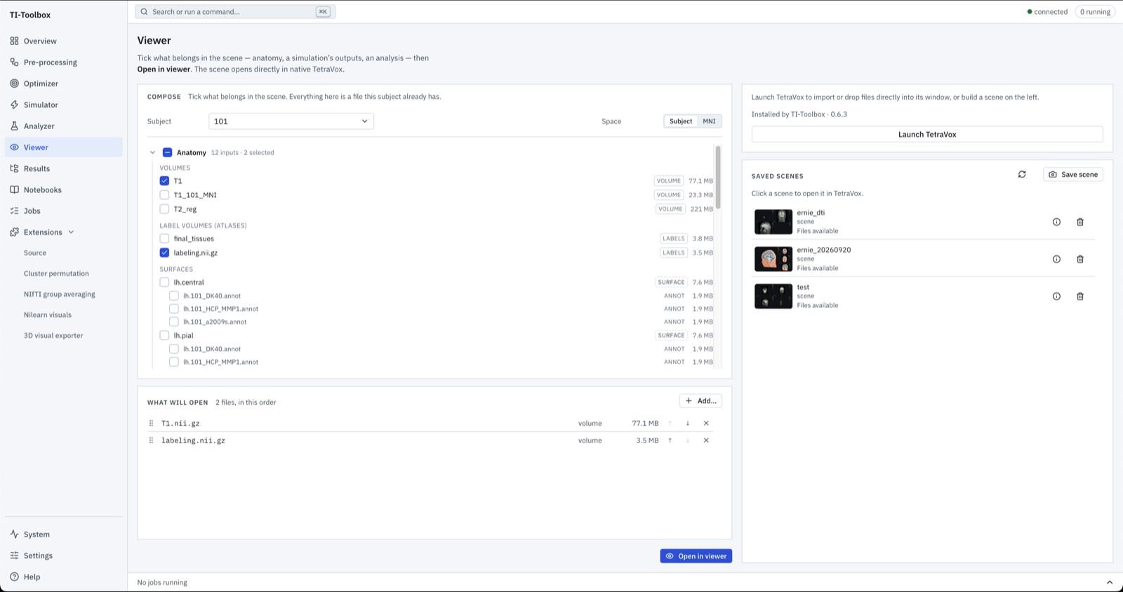 The Viewer page: tick files under Compose, check the What will open list, then Open in viewer; saved scenes are listed on the right