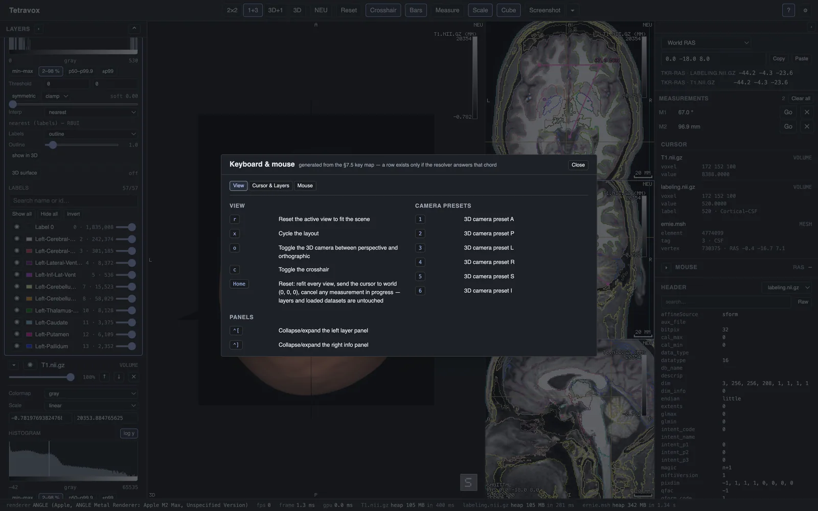 The key-map dialog, bindings grouped in tabs