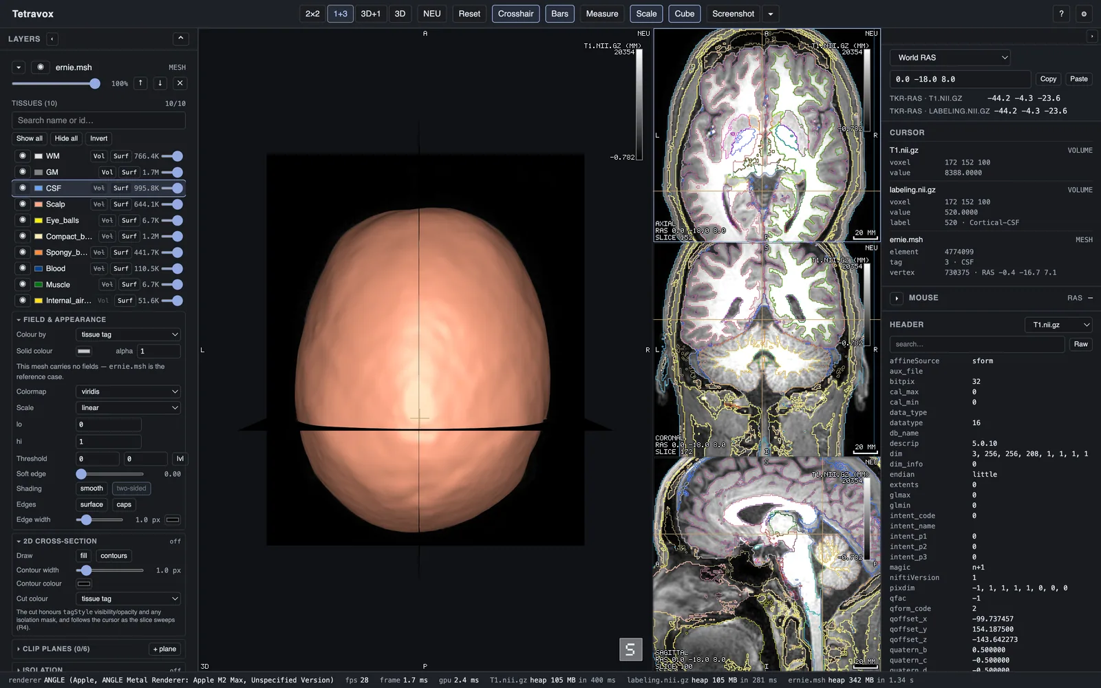 The Tetravox window in its dark theme: layer panel, view grid and region panel